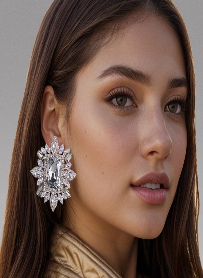 XSBODY Large Silver Rhinestone Clip On Earrings For Women Non Pierced Bling Crystal Statement Earrings Formal Trendy (Silver) - Image 2